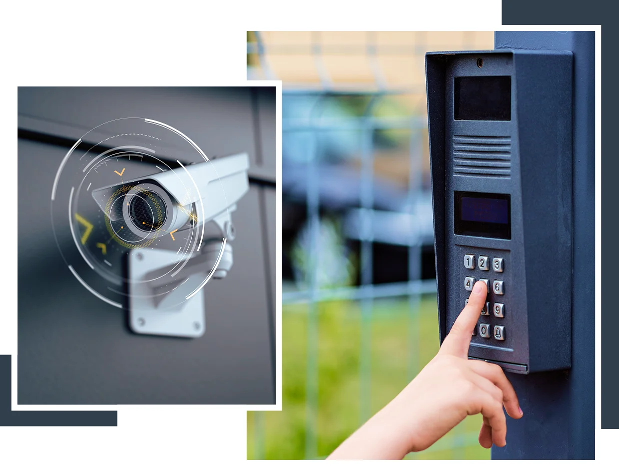 A person presses buttons on a security keypad next to an outdoor surveillance camera mounted on a wall.