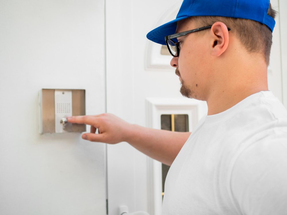 A technician performs a professional gate repair on a modern electronic keypad.